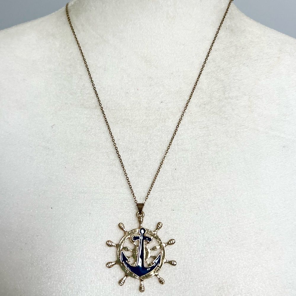 Amrita Singh Nautical Ship Wheel Navy Anchor Pendant Necklace on Gold Tone Chain
